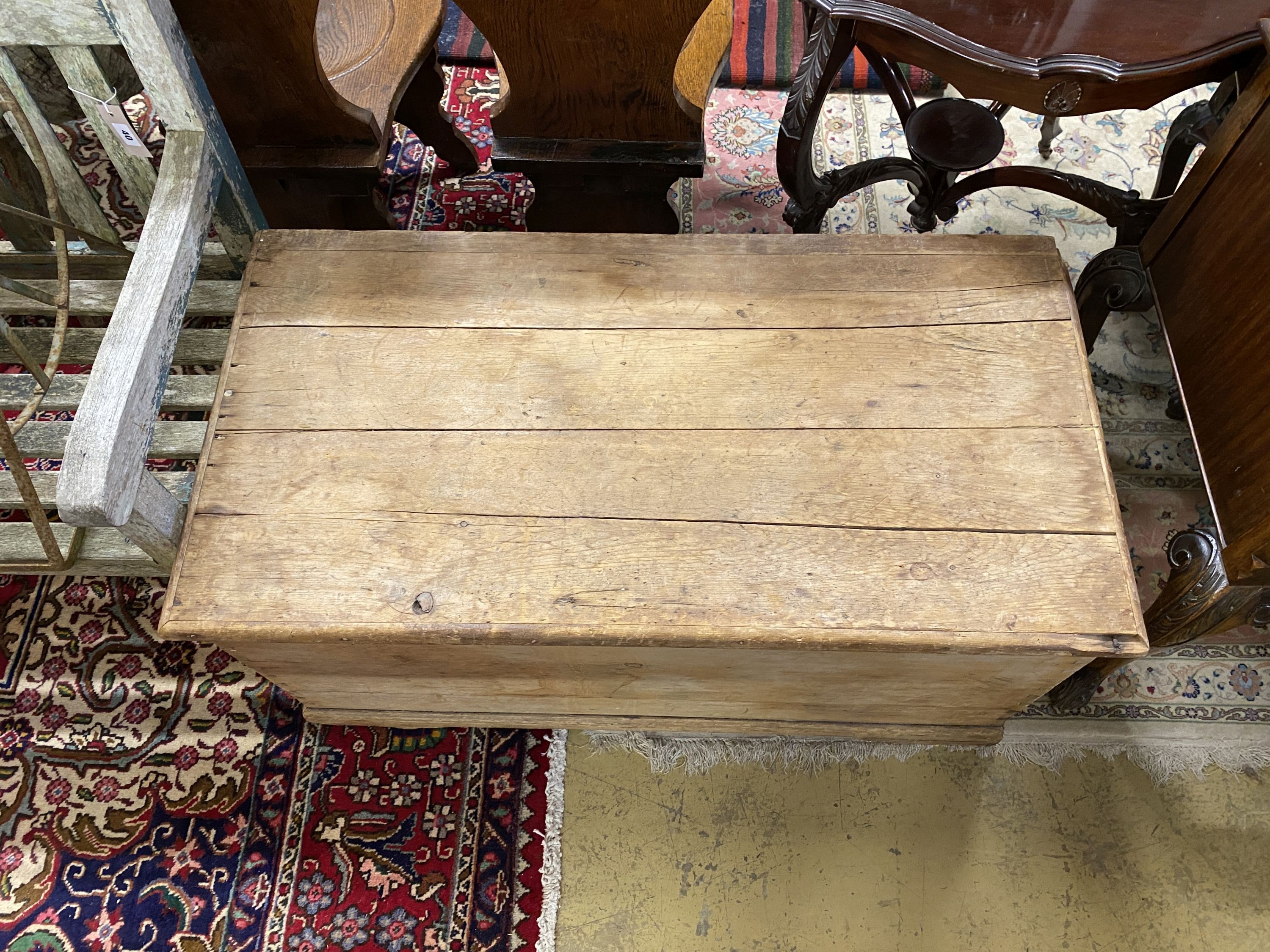 A Victorian rectangular pine trunk, length 101cm, depth 53cm, height 49cm